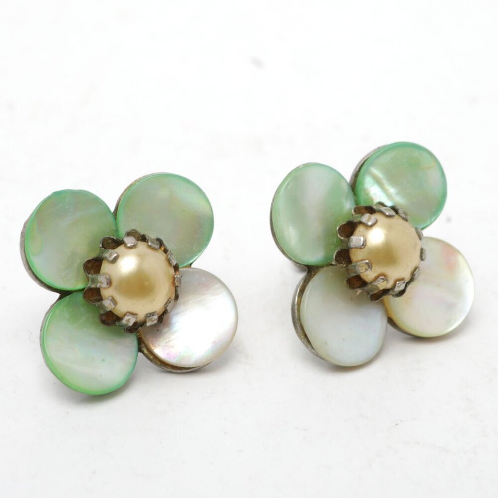 Vintage Flower Abalone Shell Earrings Screw Back iridescent Retro Faux Pearl - Picture 2 of 7
